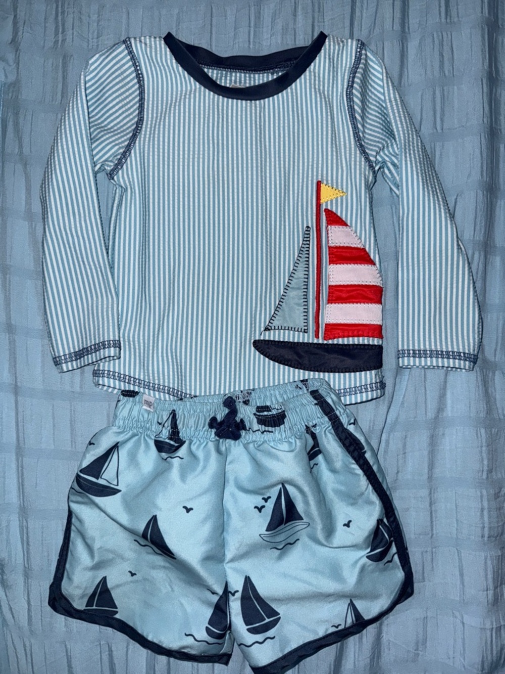 Striped Sailboat Two-Piece Swim Set - Light Blue & Navy Mudpie